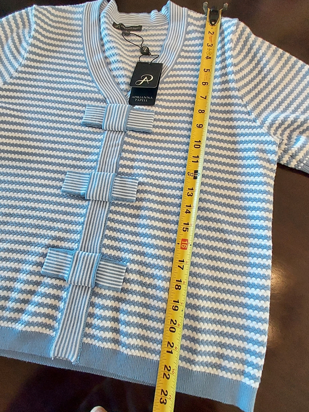 Adrianna Papell Blue & White Striped Short-Sleeve Sweater with Bow Accents - Picture 12 of 12
